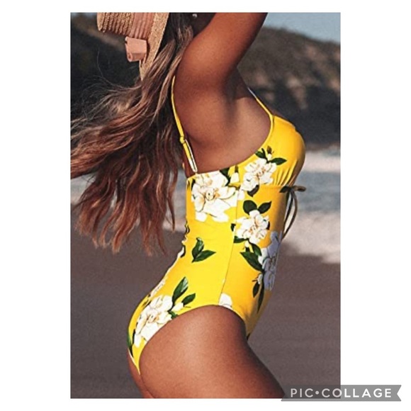 Cupshe Sunny Yellow Floral Print Lace-Up One-Piece Swimsuit Size Medium - Picture 3 of 11